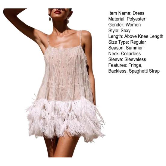Women Party Slip Dress Layered Fringed Hem Backless Sleeveless Low-cut Collarless Sequin Decor Thin Mesh Cocktail