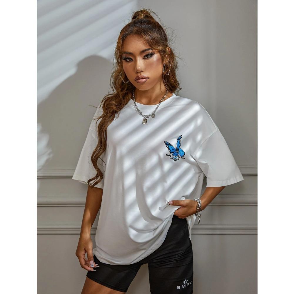 Summer Art Word and Blue Butterfly Printed Women T-Shirt Casua Short Sleeve Breathable T Shirt Street Clothing