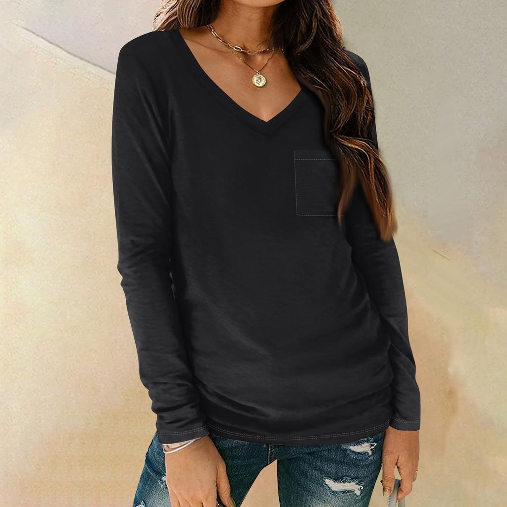 Women's Shirt V-Neck Casual Top With Pocket Fashion Solid Color Long Sleeve