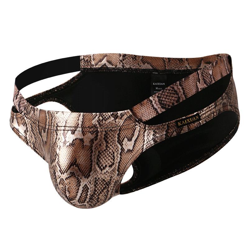 Мужские трусы-бикини из искусственной кожи змеиной кожи с открытыми боками, сексуальное U-образное выпуклое нижнее белье для геев Calzoncillos Hombre Slip Penis Pouch