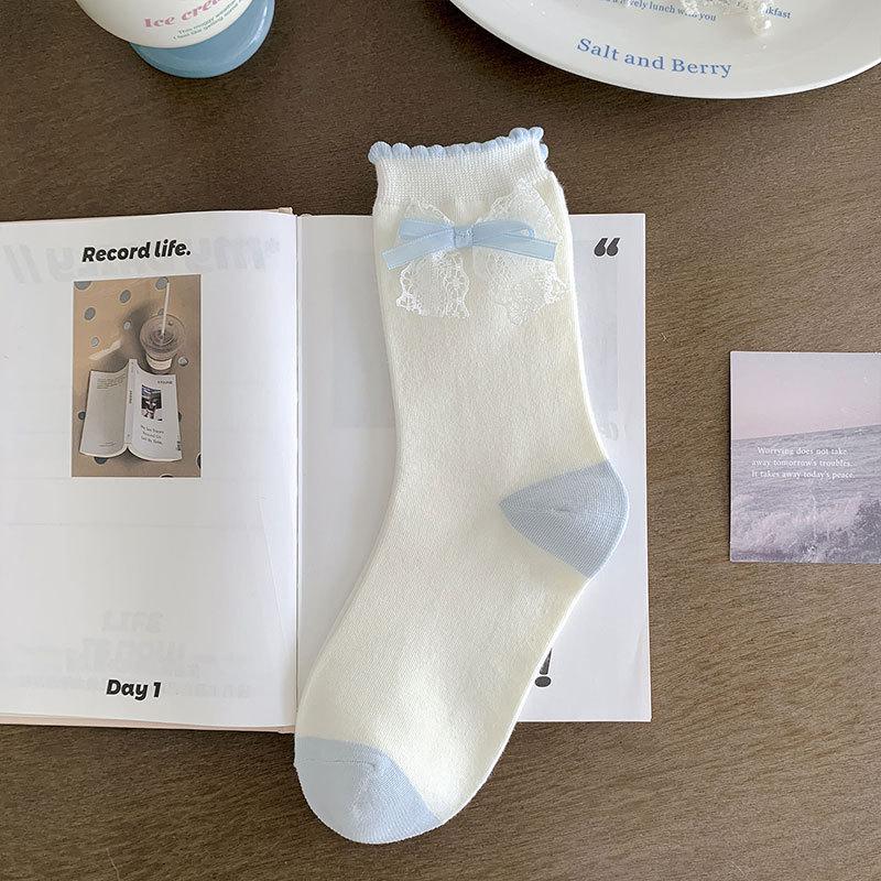 Женские весенне-осенние милые носки-гольфы средней длины с бантом и кружевом в сочетающихся цветах