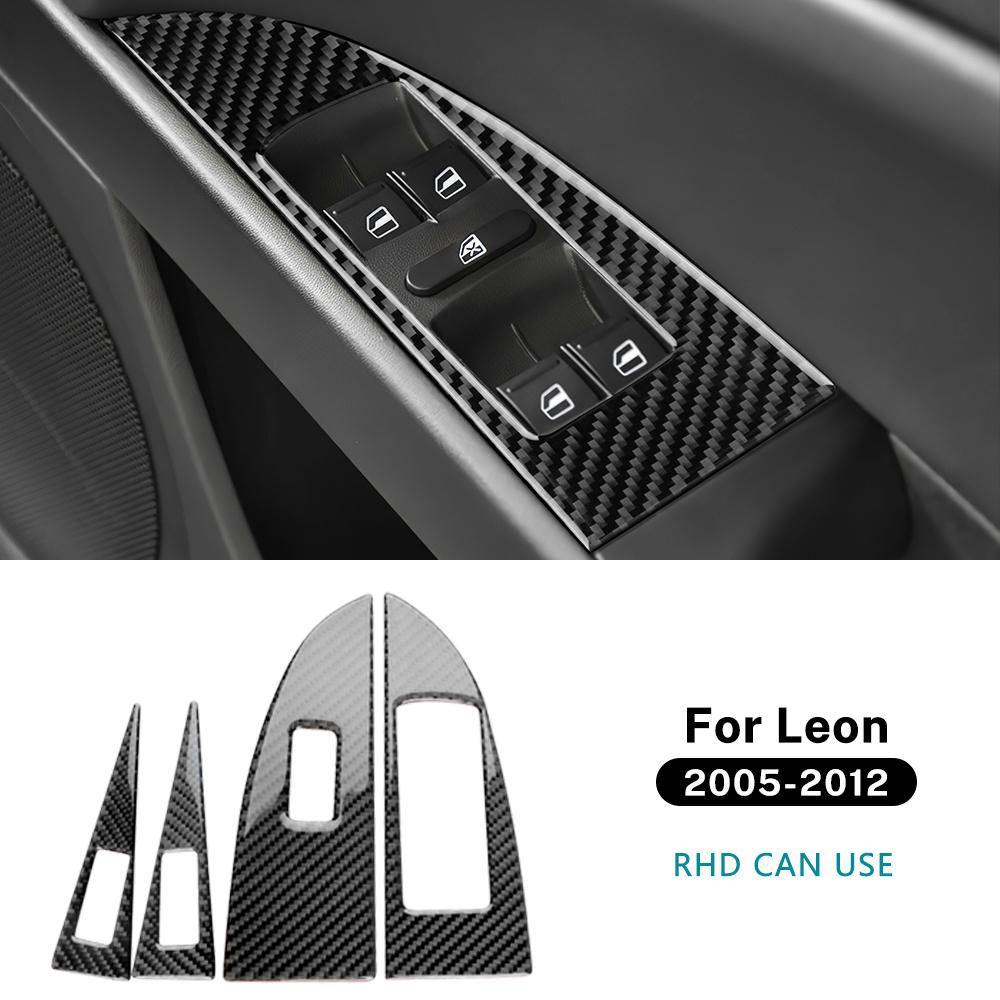 Real Soft Carbon Fiber For Seat Leon 2005 2006 2007 2008 2009 2010 2011 2012 Car 4-Door Window Button Panel Sticker Accessories