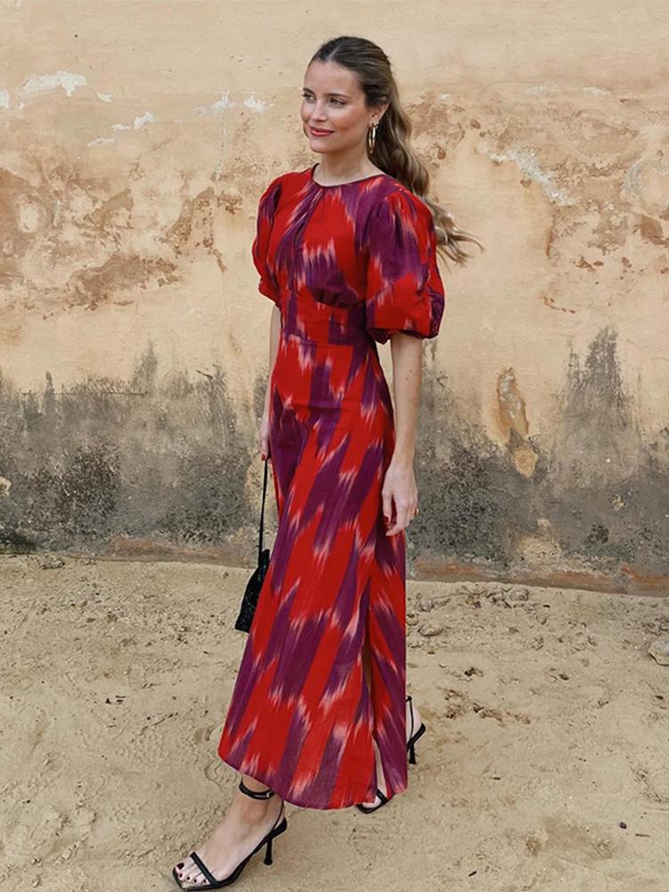 Платье миди с открытой спиной и шнуровкой, женское, шикарное, с вырезом-стойкой, рукавами-фонариками, разрезом, А-силуэтом, женское, праздничное платье