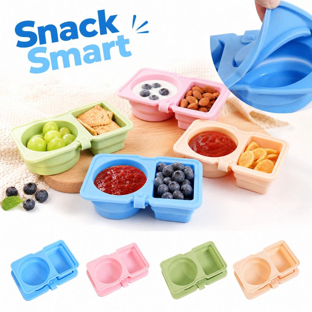 2-Compartment Condiment Box, Portable Silicone Snack and Container for Travel