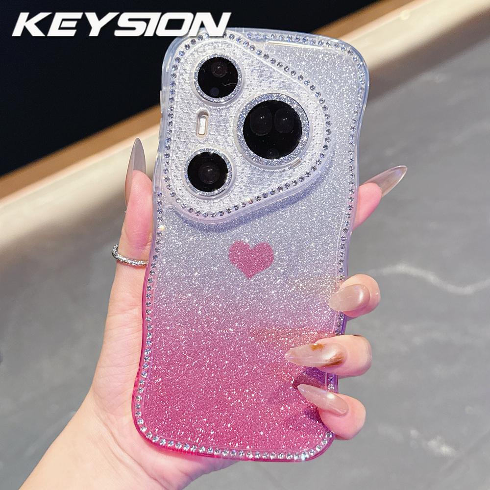 KEYSION Градиентный волнистый чехол для телефона с сердечком для Huawei Pura 70 80 Pro 80 70 Ultra, блестящий, с драгоценными камнями, протектор объектива, противоударный чехол