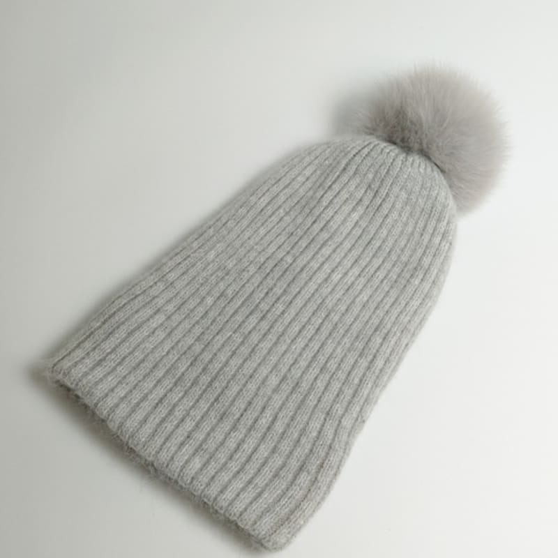 MAIA Fox Fur Pom Pom Beanie Hat - Grey