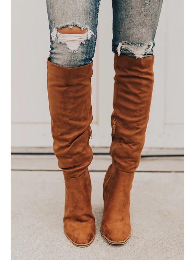 Женские замшевые толстые каблуки с заостренным носком и боковой молнией, однотонные модные рыцарские сапоги