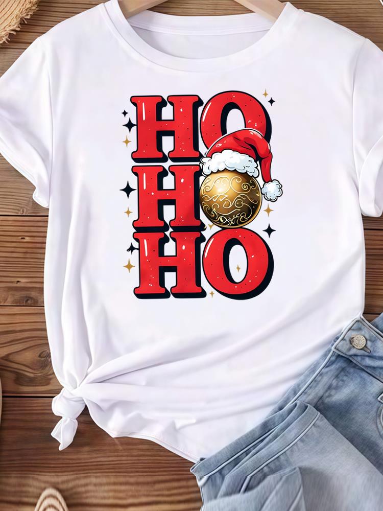 (Asian Size) Letter Happy New Year Women's Top T Tee Merry Christmas Festival O-neck Clothing Print Fashion Ladies Graphic T-shirts