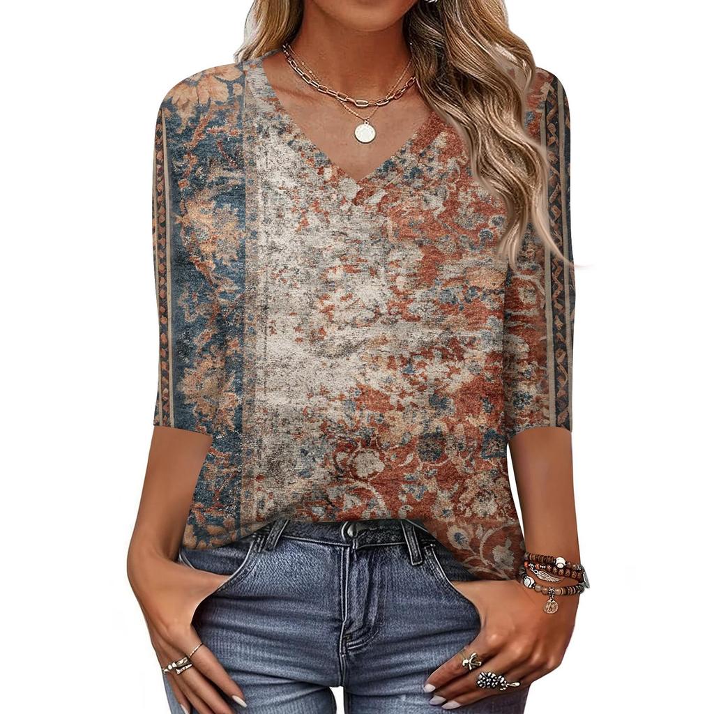 Women's T Shirt Print 3/4 Sleeve Daily Weekend Fashion Basic V- Neck Regular Top