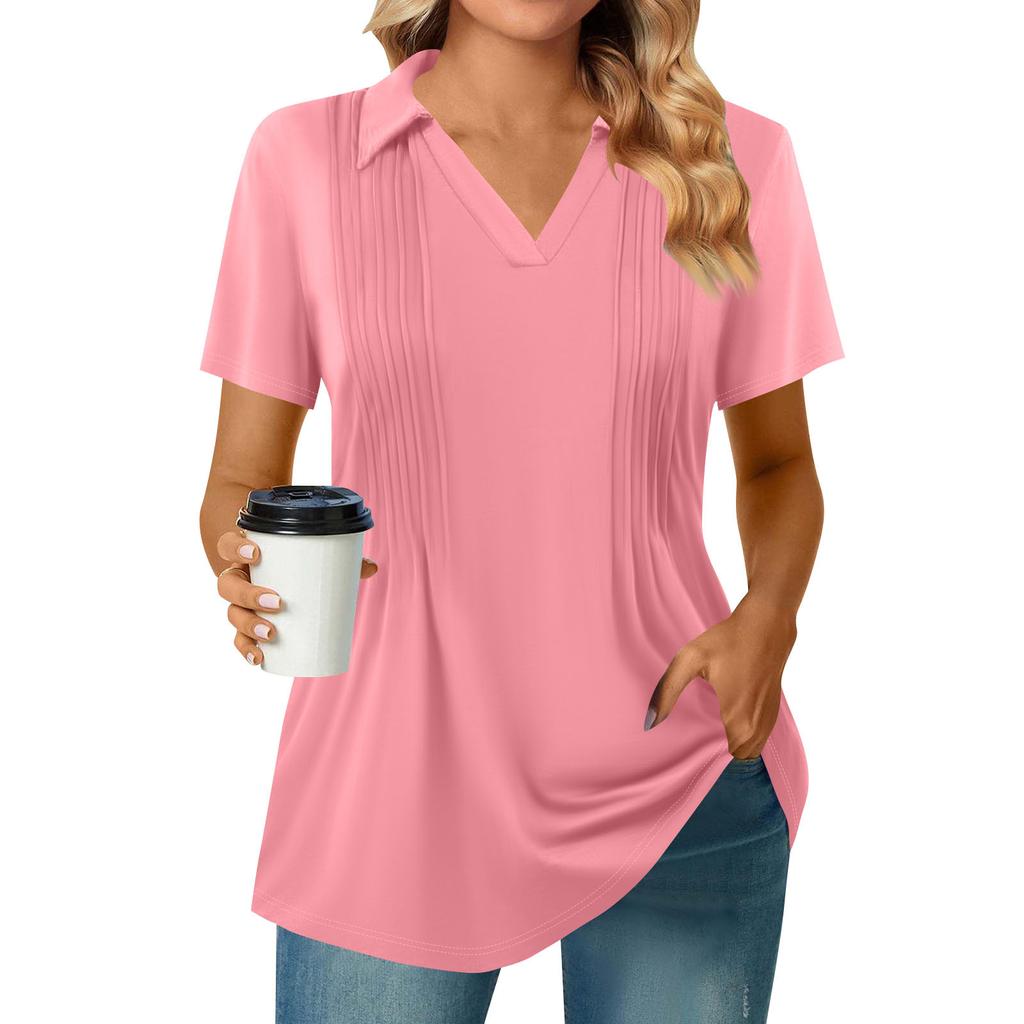 Женские футболки с коротким рукавом, плиссированные, с V-образным вырезом, однотонные, с воротником, летние топы, модные, деловые, повседневные, для работы
