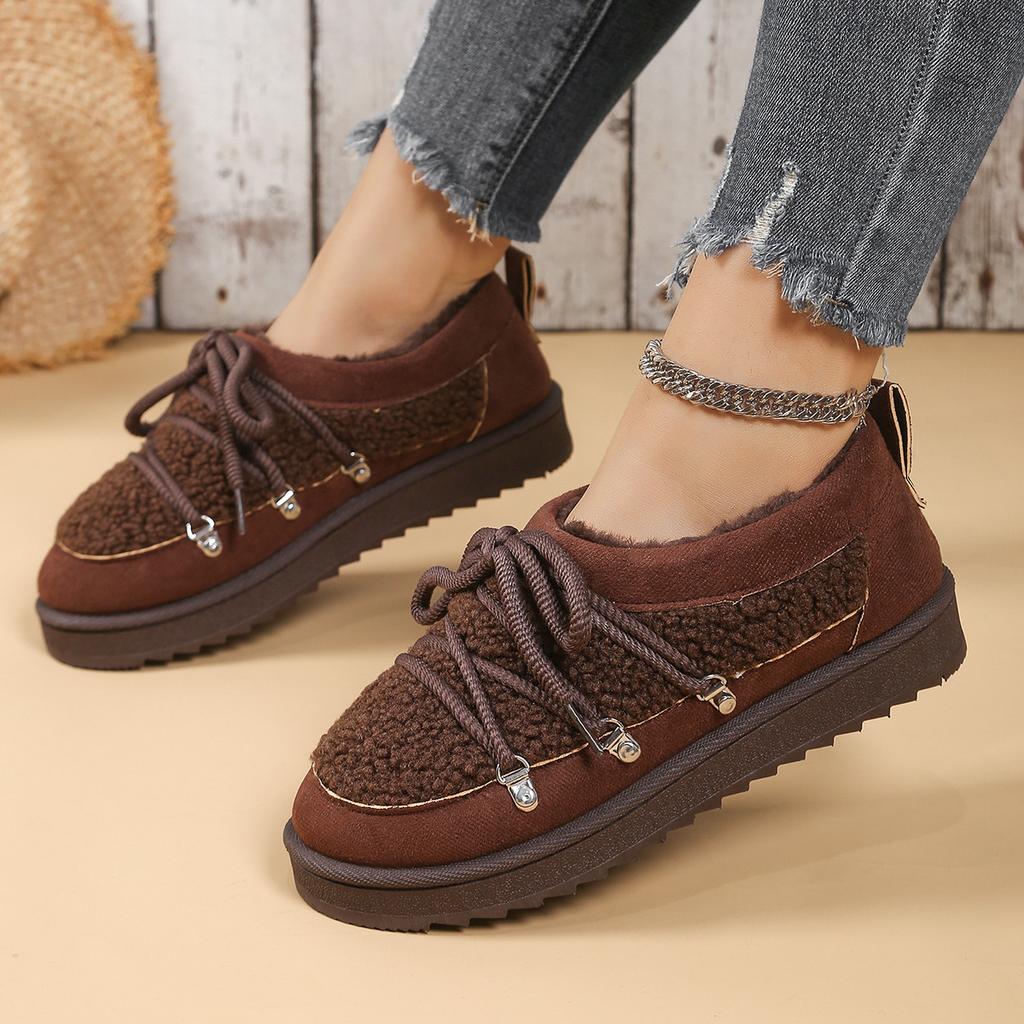 Мода 2025 Зима Новые Толстая подошва Утепленные Утолщенные Снежные ботинки Бархатные Теплые Женские Хлопковые Туфли Повседневные На плоской подошве На шнуровке Платформа Короткие Боты