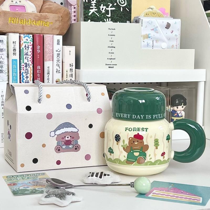 Birthday Gift for Girls Cartoon Animal Water Cup Cute High-value Ceramic Mug with Lid Gift Box