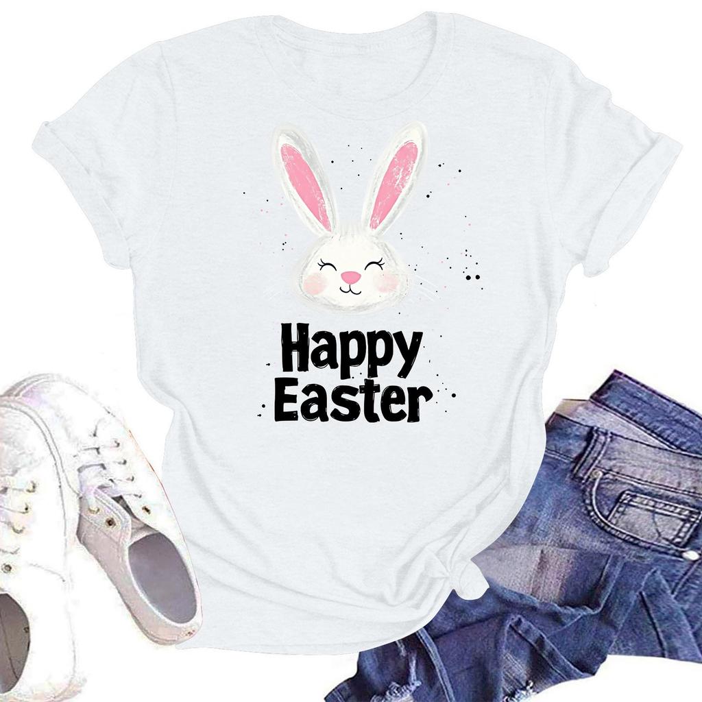 Happy Easter Women's Fashion Printed Round Neck Short Sleeve T-Shirt Pullover Top