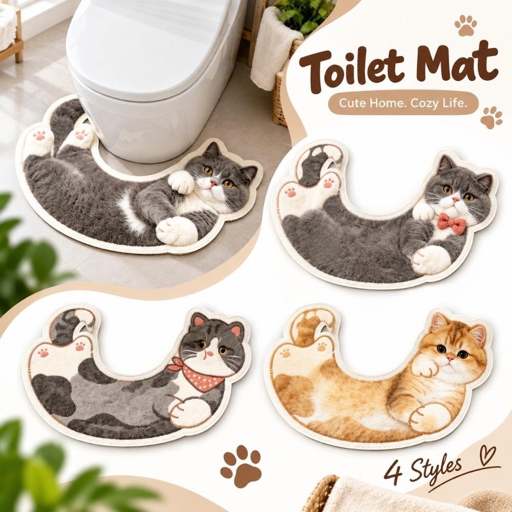 Splash Proof Decorative Floor Mat U-Shaped Curved Toilet Rug Cat Pattern Rug Toilet Base