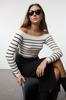 Women's Fashion Stylish Sweater Ecru Boat Neck Striped Knitwear Sweater