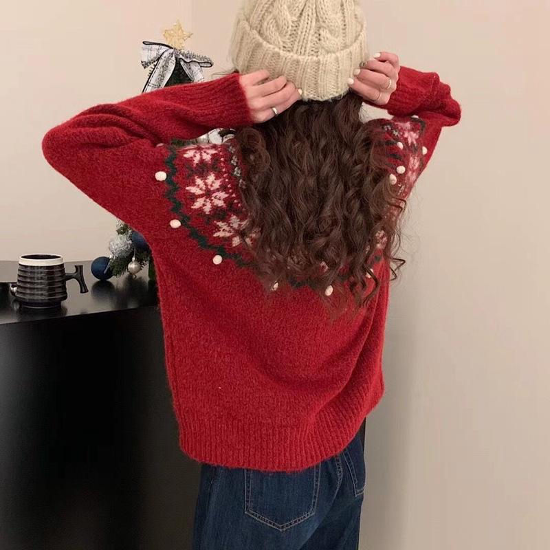 Осень и зима Рождественский ленивый мягкий восковой трикотажный свитер с круглым вырезом ретро жаккардовый красный свитер Fair Isle женский пуловер свободный