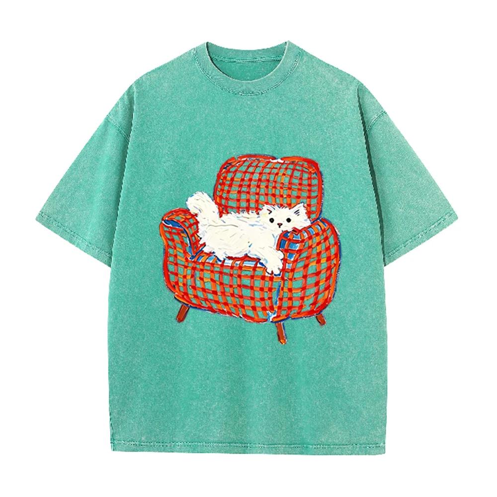 2026 Vintage Oil Painting White Fluffy Cat On Plaid Sofa Graphic Black Acid Washed T Shirt Cute Pet Casual Oversized Unisex Shor