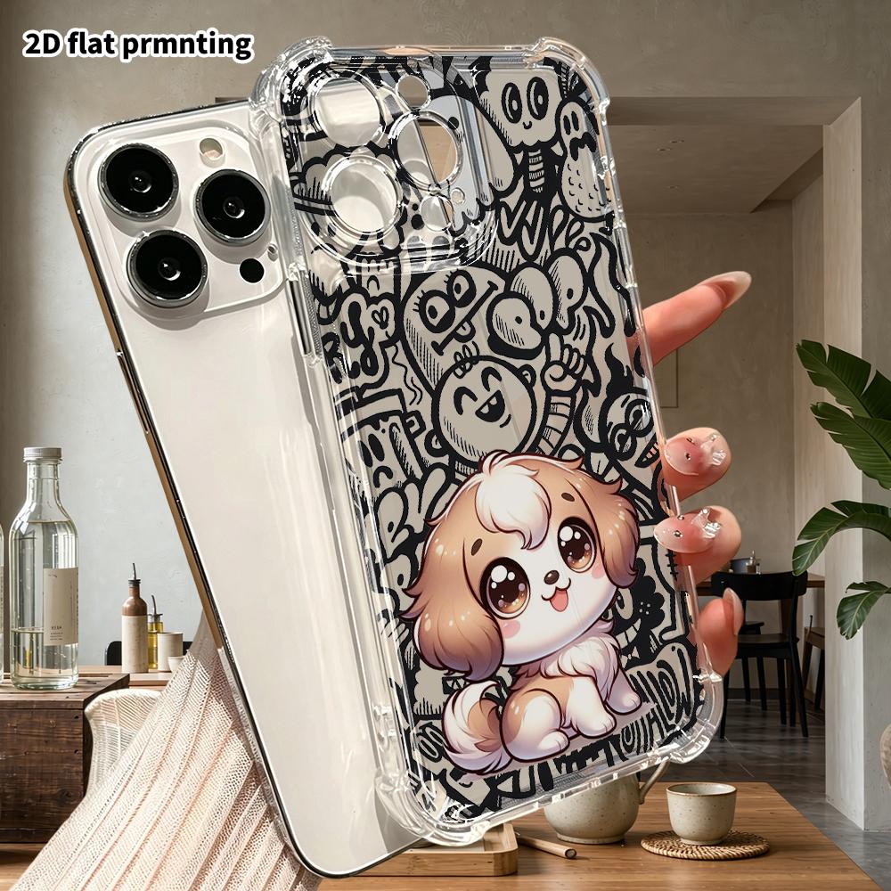 Чехол для телефона: 2D плоский, подходит для iPhone 18 17 16 15 14 13 Pro, прозрачный защитный чехол с четырьмя углами, кудрявый щенок, рождественские и хэллоуинские подарки