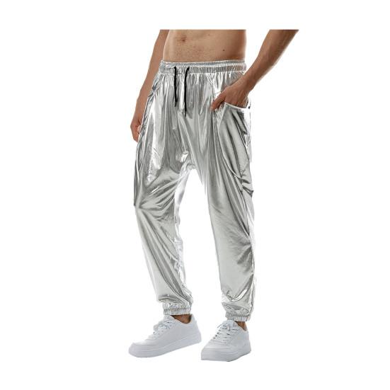 Мужские блестящие брюки с завязками на талии, джоггеры, брюки металлик для ночного клуба, вечеринки, танцевальной сцены, хип-хопа