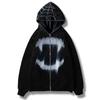 Rhinestone Cobweb Zip Up Oversized Sweatshirt 2023 Autumn Goth Hoodie Men Women Grunge Hooded Jacket Streetwear Y2k Clothing