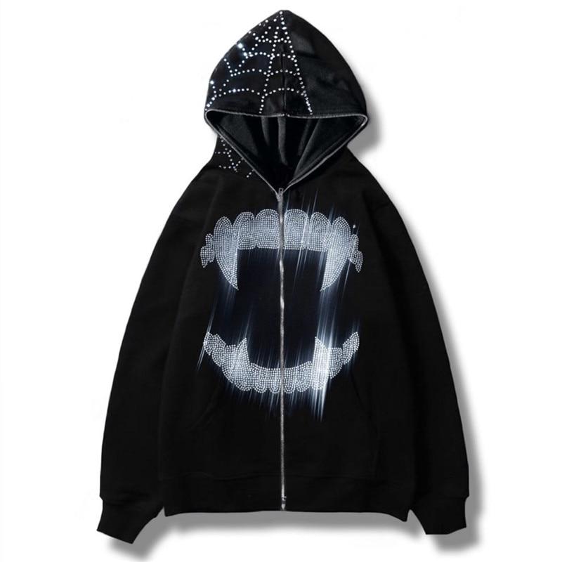Rhinestone Cobweb Zip Up Oversized Sweatshirt 2023 Autumn Goth Hoodie Men Women Grunge Hooded Jacket Streetwear Y2k Clothing