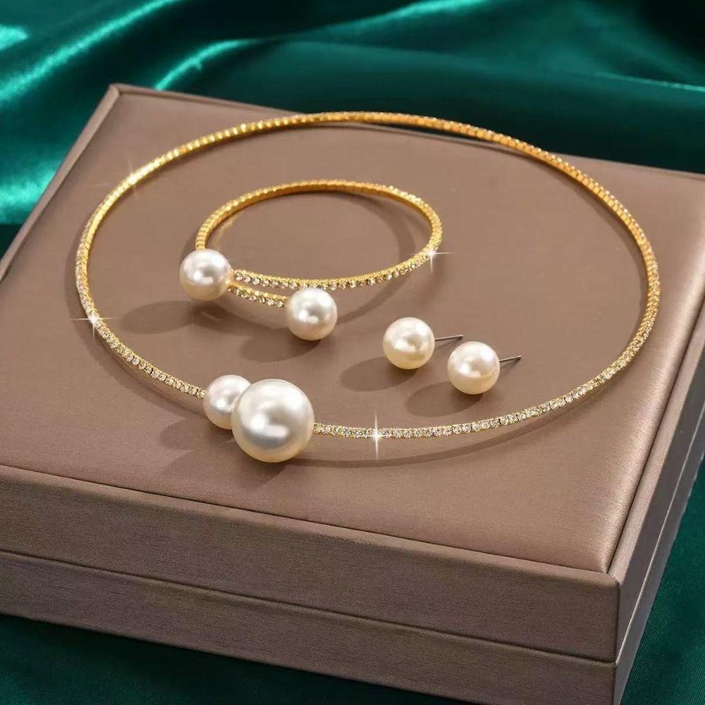 Adjustable Imitation Pearl Choker Necklace Openable Bracelet Rhinestones Necklace Bracelet Wedding