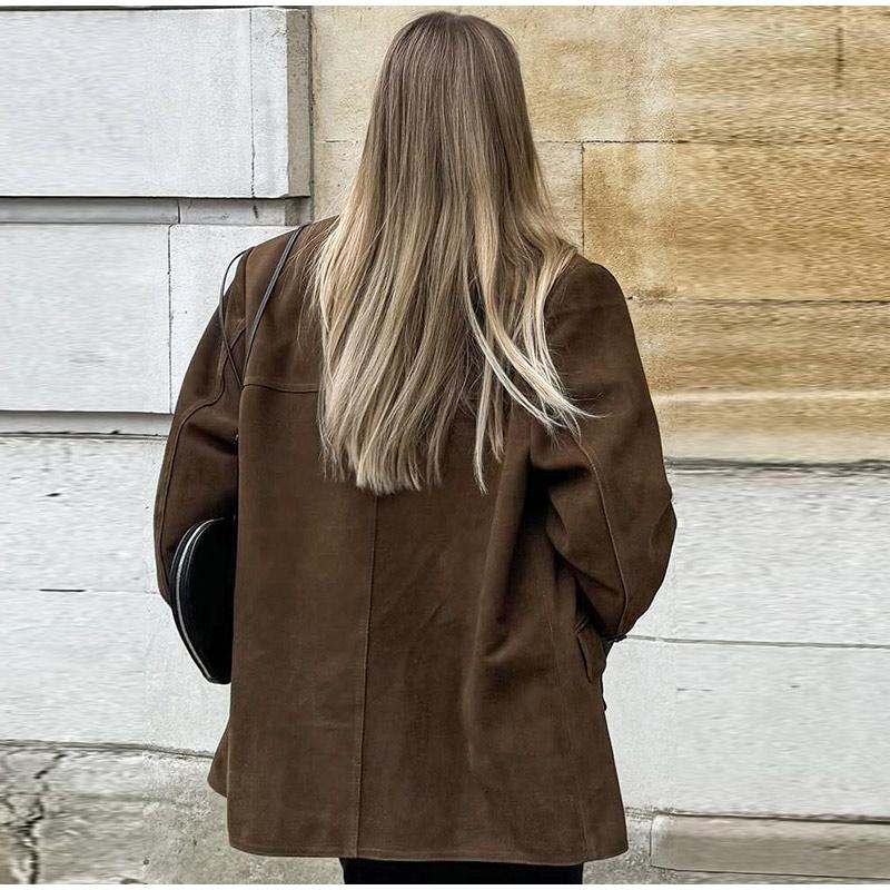 Vintage Suede Jackets Female Casual Loose V Neck Single Breasted Coats Female 2024 Autumn Winter Fashion Solid Outwears Lady