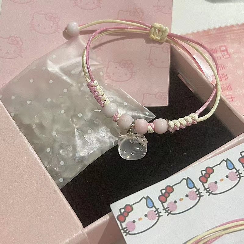 Розовый плетеный браслет KT Cat Hello Kitty для студентов и пар, Подарок Hello Kitty для девушки