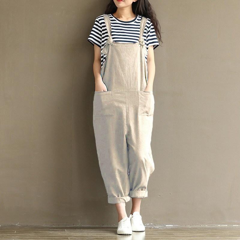 Large Size Women's Artistic Retro Deep Blue Brushed Shoulder Strap Casual Pants