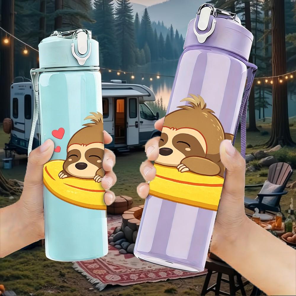 1PC Sloth On Banana Fruit Cartoon Print 750ml Color Plastic Sports Water Bottle Leakproof Flip Straw Lid Suitable for Sports Office Home Use