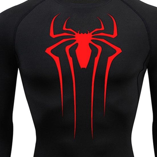 Men Fall Spring Top Skinny Sweat Absorption Elastic Spider Print Long Sleeve Soft Breathable Round Neck Compression Training Workout Exercise