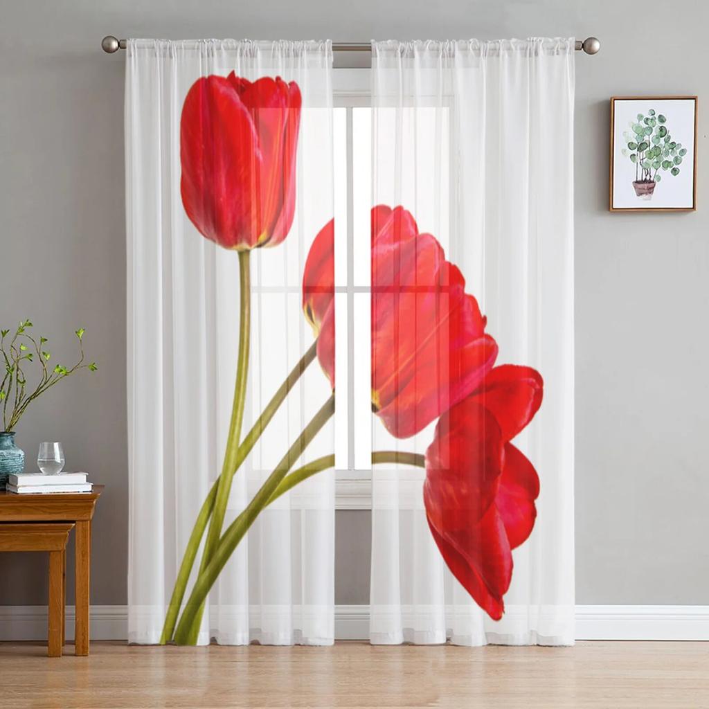 Poppies White Background Tulle Curtain For Living Room Sheer Valance Curtain For Kitchen Bedroom Window Drapes