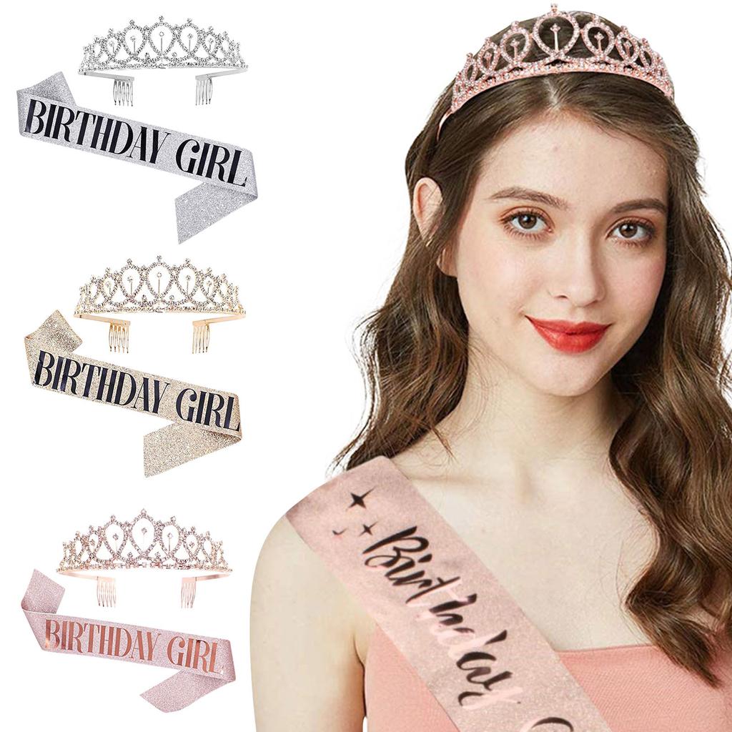 Birthday-Girl Crown Set, Sparkling Crown With The Same Shoulder Strap Birthday Gifts Decorations For Girls