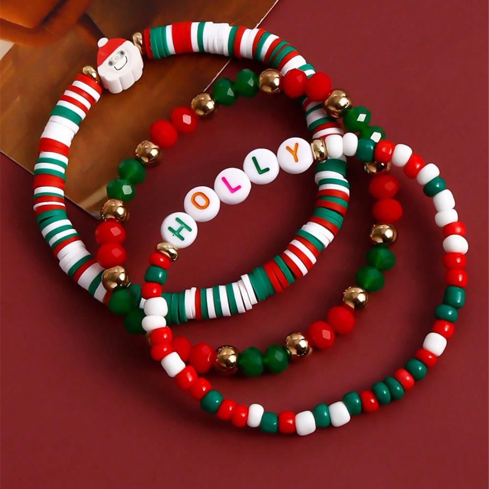 European & American Style Polymer Clay Bead Bracelet: Santa, Snowflake, Christmas Tree Elastic Design