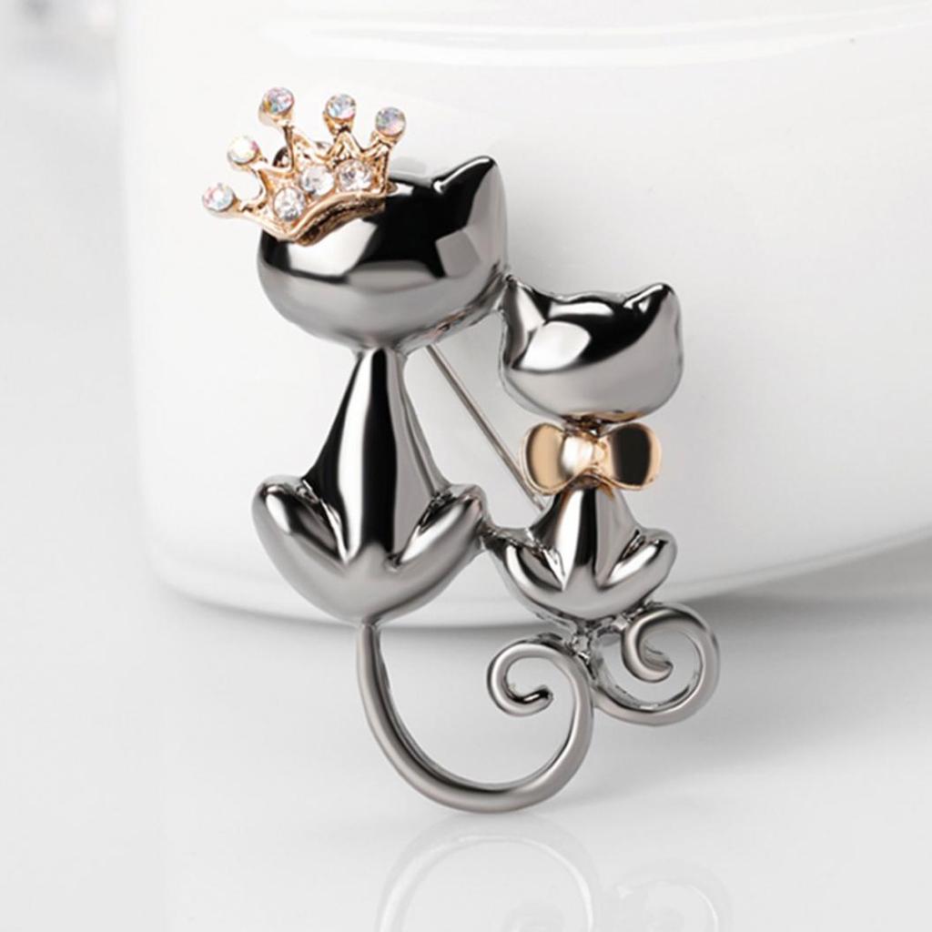 Fashion Jewelry Shiny Rhinestone Cute Double Cats Kitten Crown Brooch Pin Gift ARI