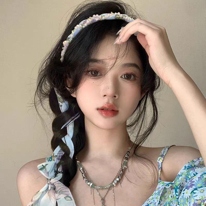 Summer Floral Braided Headband Womens Tied Hair Scarf Floating Headband Headband One System Pearl Tie