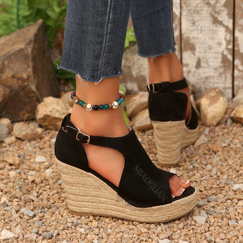 Fashion 2025 Thick Bottom Slope Heel Sandals for Women Large Size Black Fish Mouth Casual Gladiator Height Increasing Sandales Shoes
