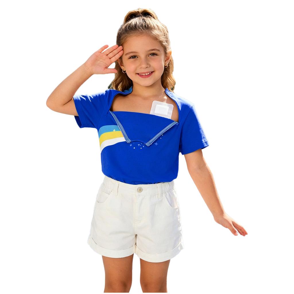 Kids Boys Girls Special Needs Adaptive Clothing Short Sleeve Rainbow Print Chest Port Access Chemo T-shirt with Zippers