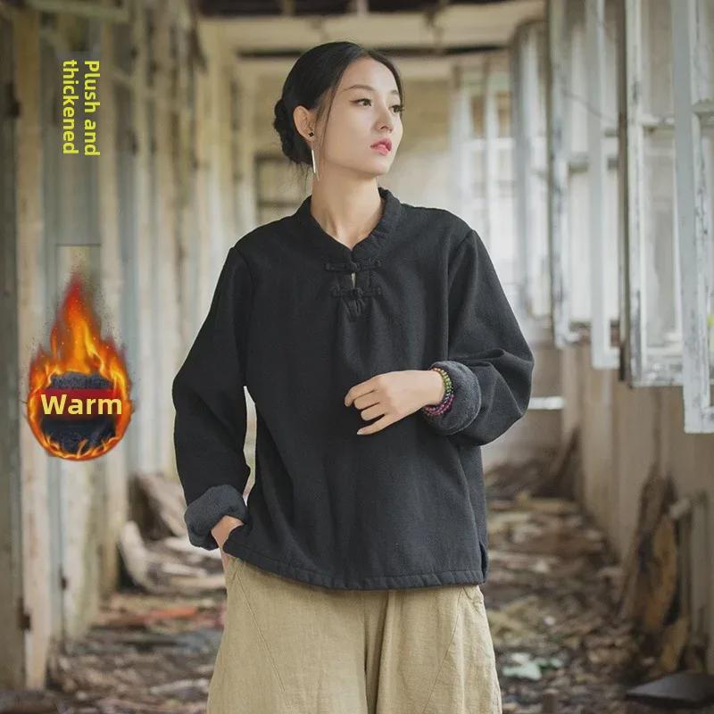 Женская рубашка из хлопка и льна в стиле ретро: Футболка весна/лето из бархата с пуговицами