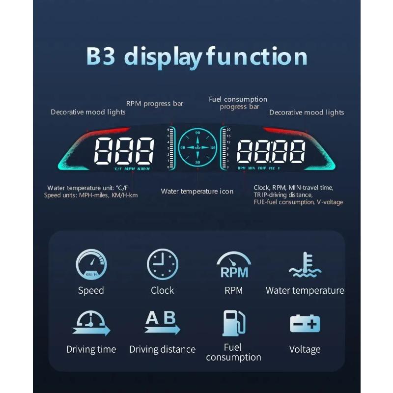 2026 Universal Car OBD2 Gauge Multi-function HUD Speed Water Temp B3 Head up Displays Auto electronics Speedometer Accessories