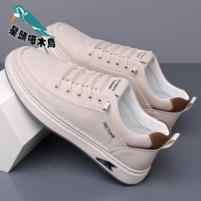 2025 New Summer Breathable Casual Leather Shoes Men's Flat Shoes Hollow Leather White Shoes