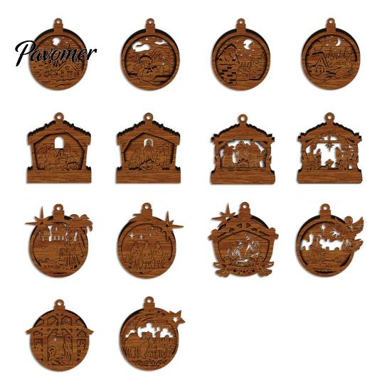 Holiday Atmosphere Hanging Crafts 3D Wooden Light Up Christmas Ornament, Layered House Tree Snowman Exquisite Gift Ornaments Nativity Scene Decoration