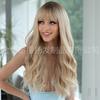 Womens Light Golden Wavy Long Synthetic Wig With Full Cap Bangs Heat-Resistant Fiber Voluminous Stylish Hairpiece Any