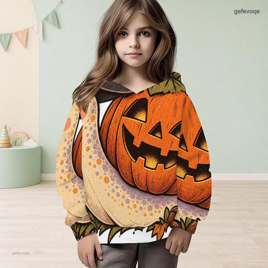 Girls Long Sleeve Hooded Sweatshirt Thanksgiving Pumpkin Pie Printed Pullover