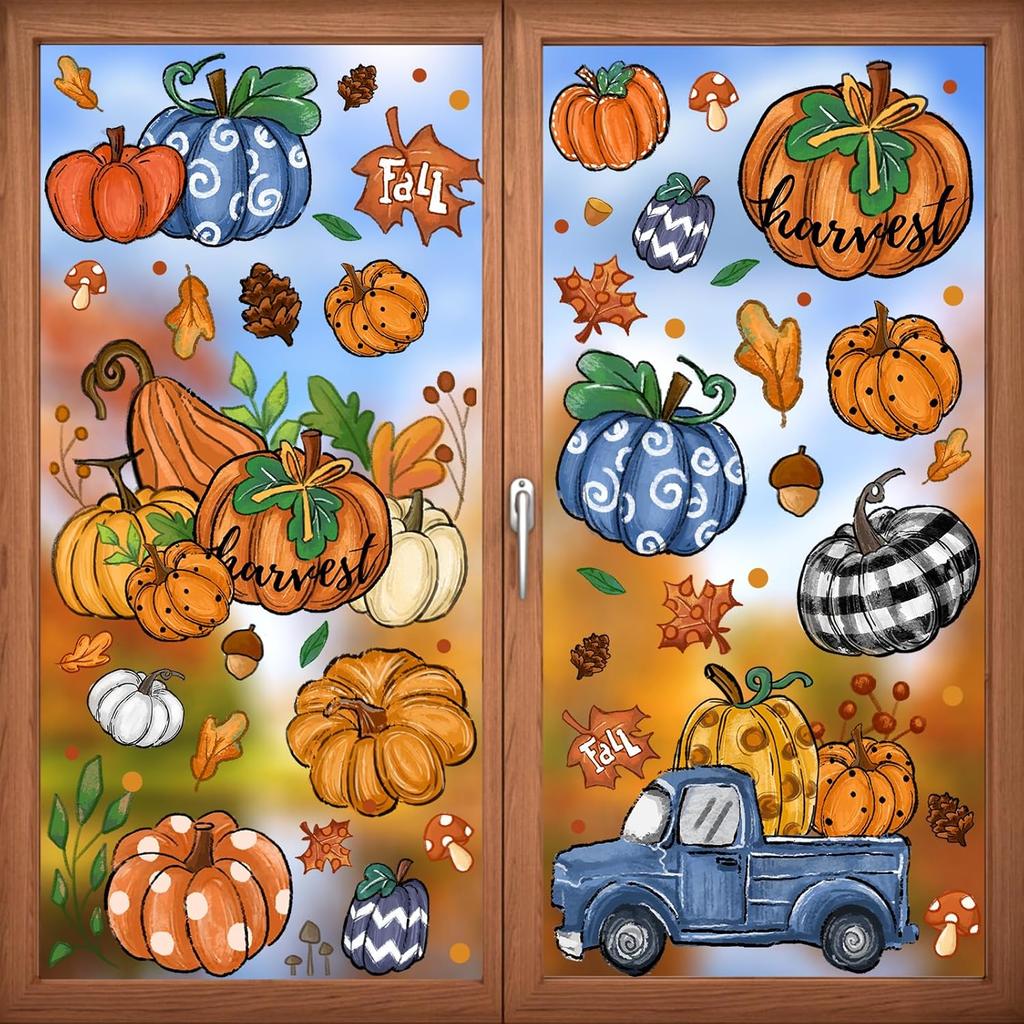 DIYDEC 6 Sheets Fall Window Clings Double-Sided Window Stickers with Orange Maple Leaves Pumpk Blue Truck Thanksgiving Window Decals for Autumn Home