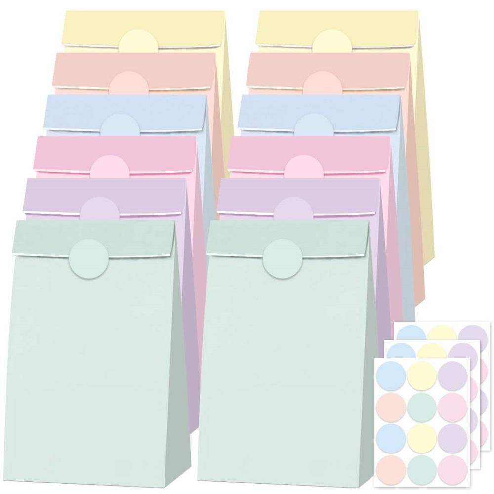 12Pcs Macaron Pastel Gift Bags With Stickers - 21x12cm Kraft Paper Party Favor Bags For Birthday, Wedding, Easter