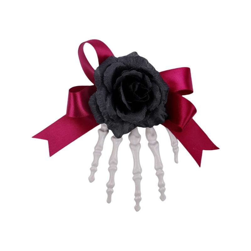 1pc Haunted Style Skeleton Hand Hair Clip Contrast Rose Bows Practical Plastic For Themed Dressing Up Event