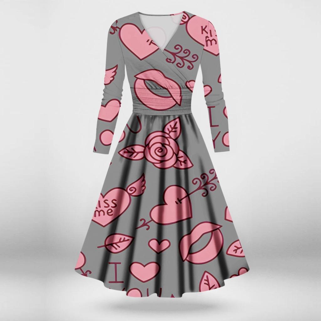 Женское модное повседневное платье с принтом ко Дню святого Валентина, длинными рукавами и V-образным вырезом, сексуальное платье