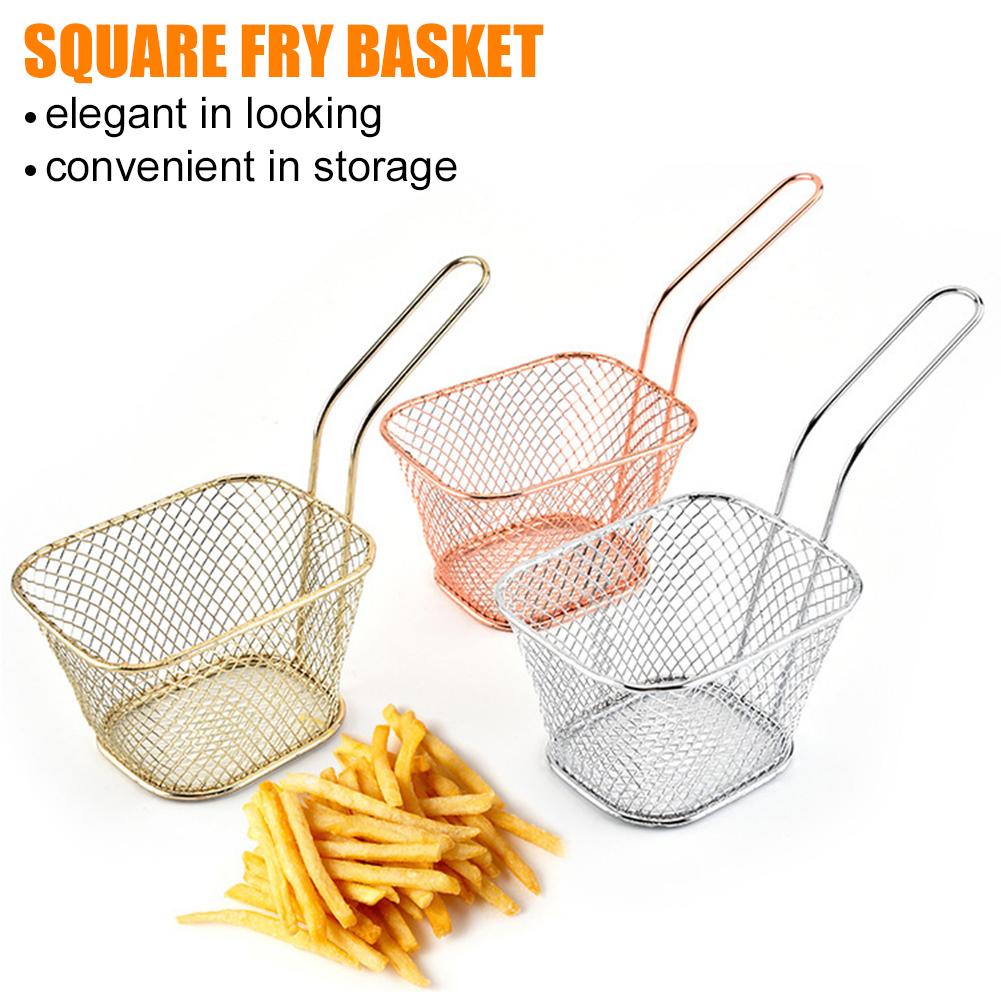 Mini Size Square Fry Basket Metal French Fries Chips Holder with Handle Desk Food Presentation Mesh Basket Food Prep Area Accessories Tools