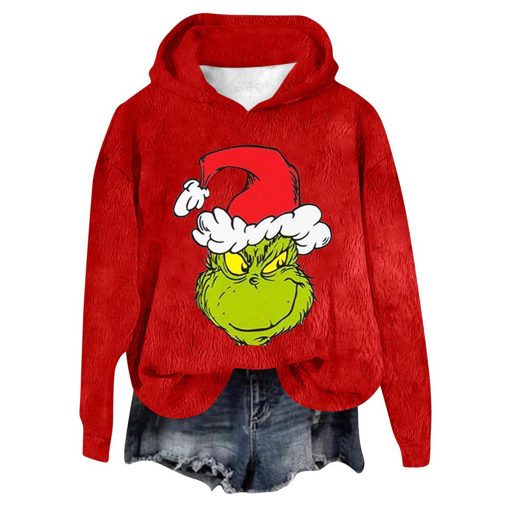 Women's Hooded Long Sleeve Christmas Printed Flannel Top Hooded Sweatshirt